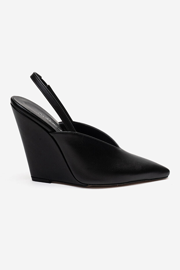 Black Leather Pointed Toe Wedge Heel Open Back Women's Shoes Luigi