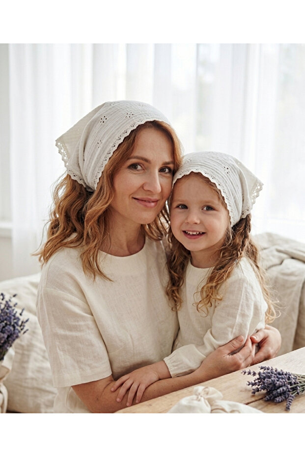 Mother-Daughter Combination Muslin Bandana – Star Patterned - Triangle, Lace, Cotton Fabric
