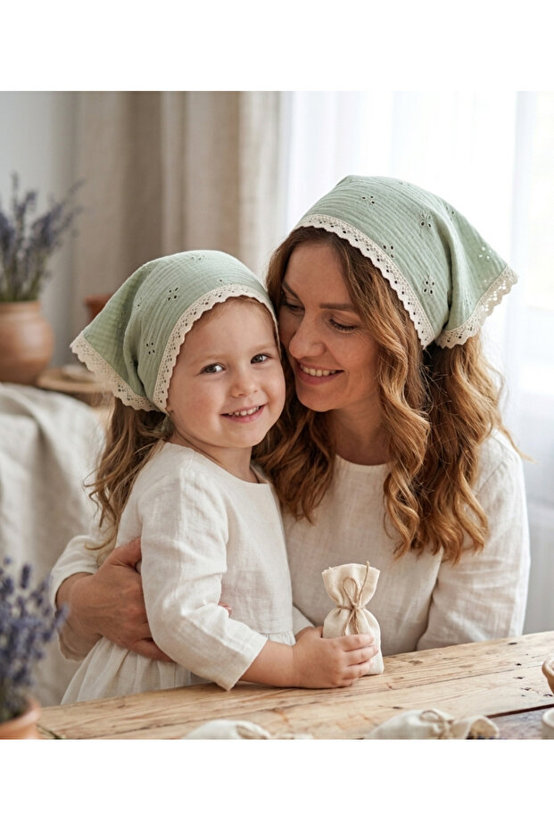 Mother Daughter Matching Muslin Bandana – Triangle, Lace, Cotton Fabric