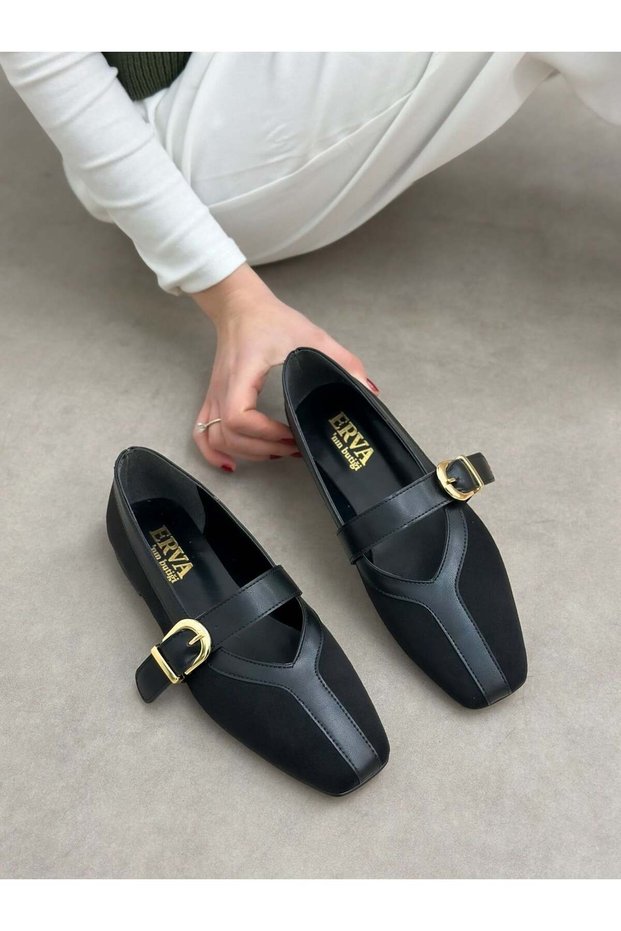 Black Suede (Luna) Leather Piece Detail Women's Ballerinas