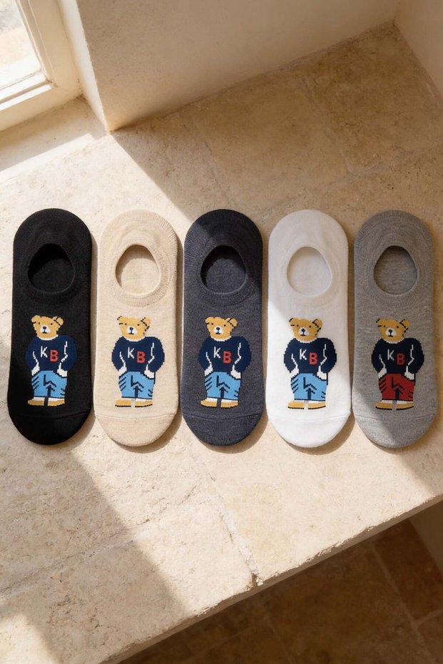 Unisex Teddy Patterned 5-Piece Sneaker Socks