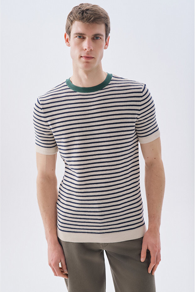Men's Ecru Striped Crew Neck Short Sleeve Knit Sweater