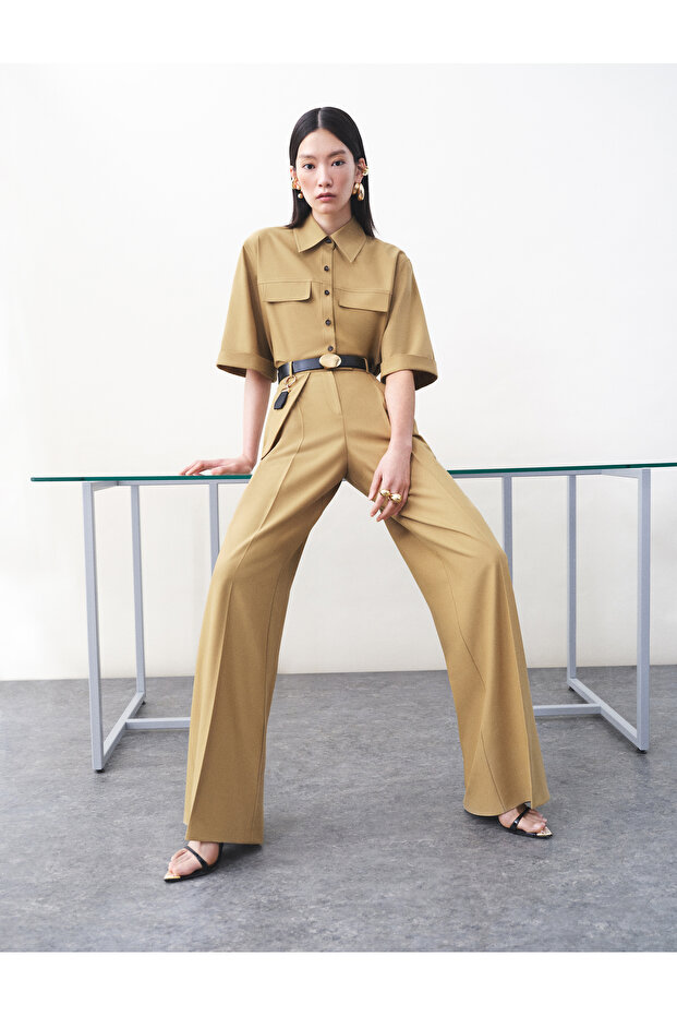 High Waist Pocket Detailed Belted Wide Leg Fabric Trousers