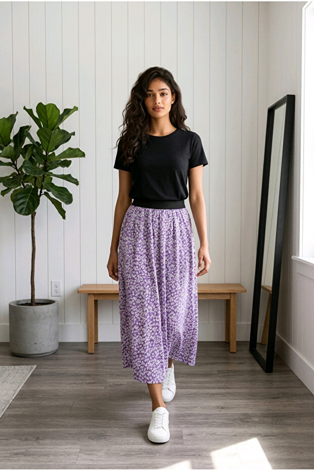 Women's Purple Floral Patterned Long Skirt with Elastic Waist - Comfortable Fit