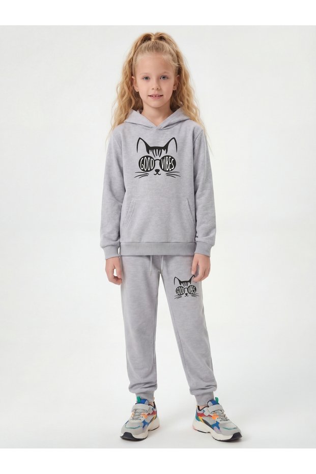Kangaroo Pocket Hooded Girls' Tracksuit Set with Cat Print Detail