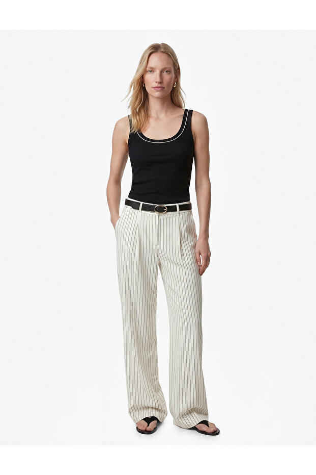 High Waist Belted Wide Leg Striped Fabric Trousers with Pockets