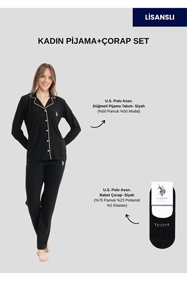 Women'S, Licensed, Uspa, Modal-Cotton, Long Pajama Set + Socks Set
