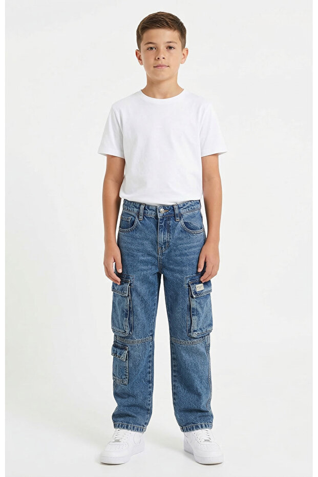 Boys Cargo Jeans – Blue Denim with Multi-Pocket Design