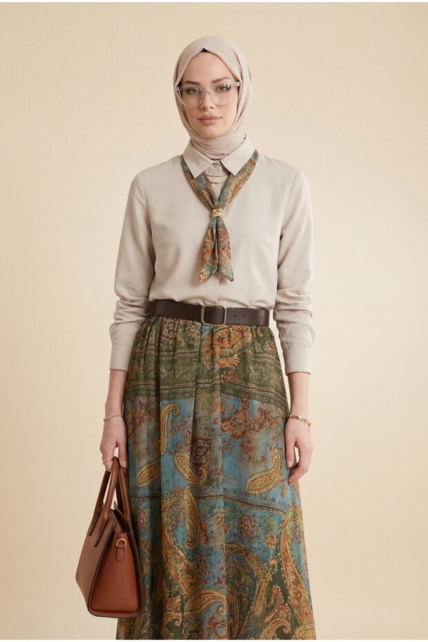 Buttoned Closed Skirt with Ethnic Patterned Suit -Beige