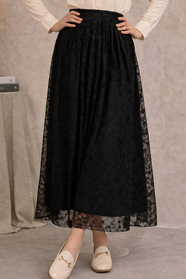 Lace Flocked Skirt A220 Black