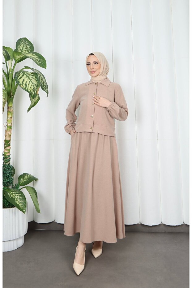 Jacketed Skirted Hijab Double Set Cream Hnt8594