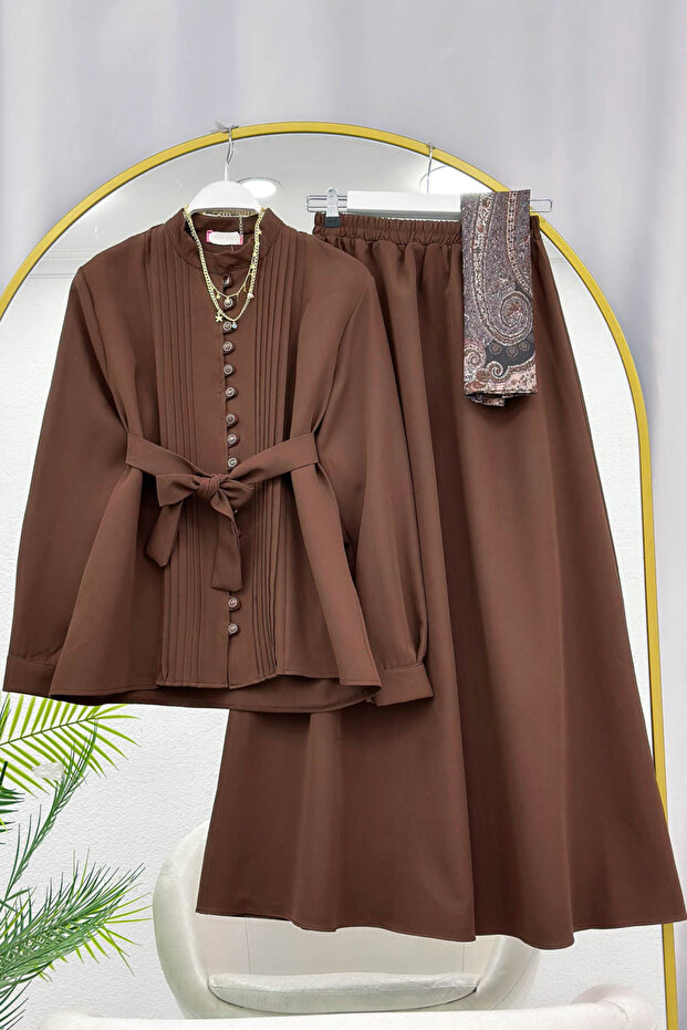 Sequenced Buttoned Shirt Skirt Dual Set [Size Range 38-48, Including Belt]