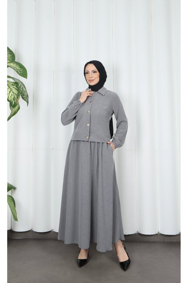 Jacket and Skirt Islamic Clothing Two-Piece Set Light Gray Hnt8594