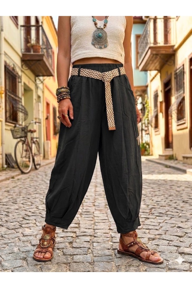 Women's Italian Black Elastic Waist Belted Pocketed 100% Tencel Fabric Pencil Leg Trousers