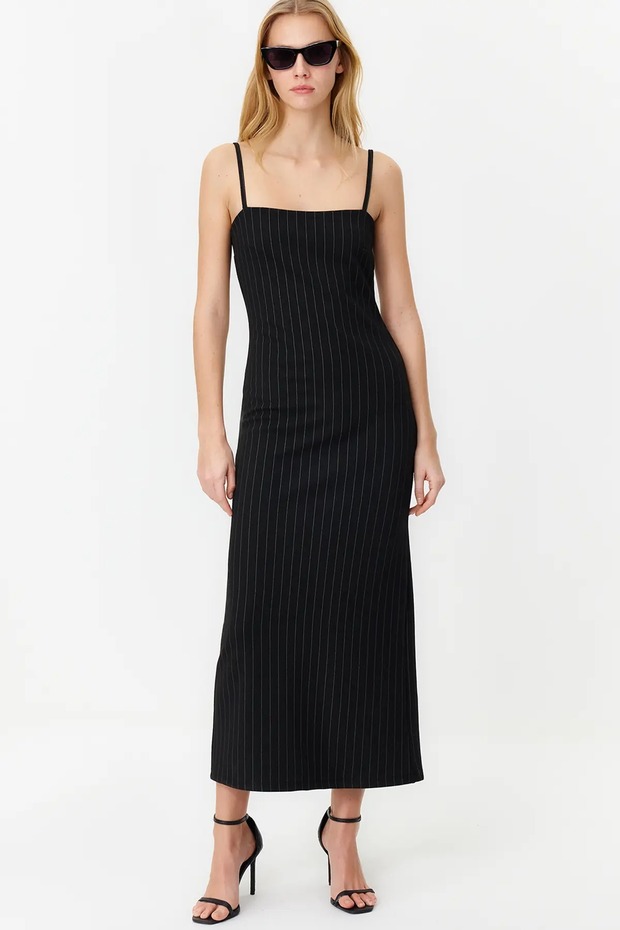 Black Striped Strappy Bodycon/Body-Hugging Knitted Maxi Pencil Dress