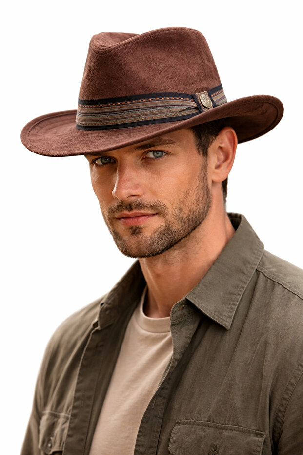 Brown Men's Cowboy Hat Nubuck Look Wide Brim Western Hat