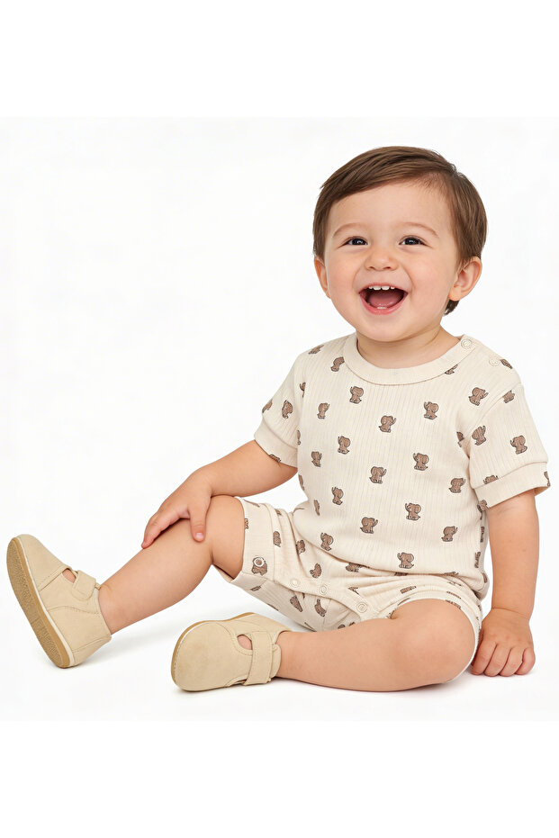 Printed Ribbed Cotton Short Sleeves Romper