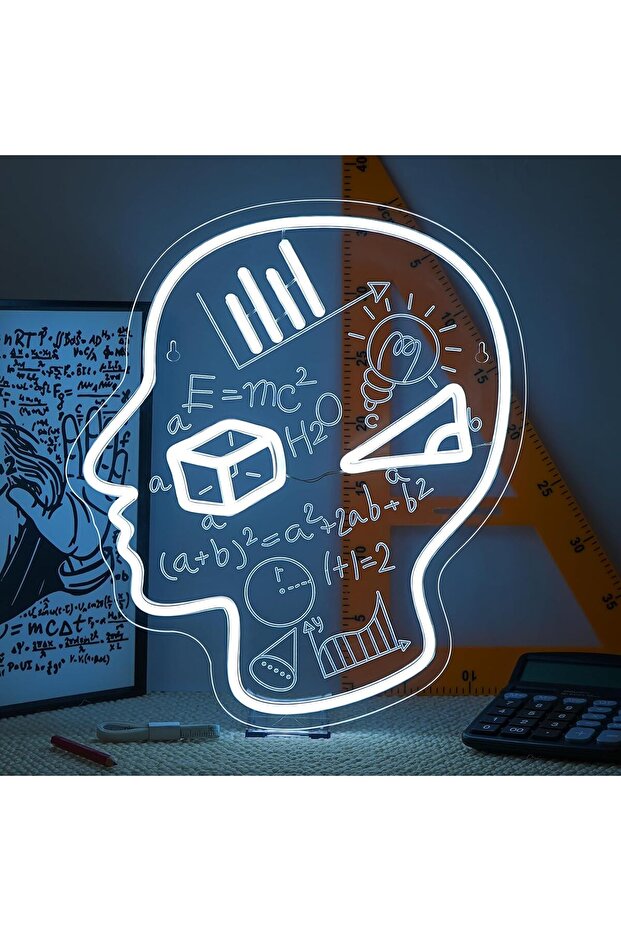 لافتة نيون على شكل دماغ 40×32 سم بإضاءة LED بيضاء مع قاعدة أكريليك 6 مم لديكور غرفة الدراسة