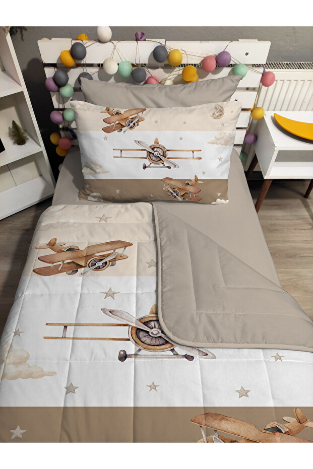 Quilted Balloons Patterned 4-Piece (100% Cotton 100X200 with Elastic Sheets) Single Bedspread Set