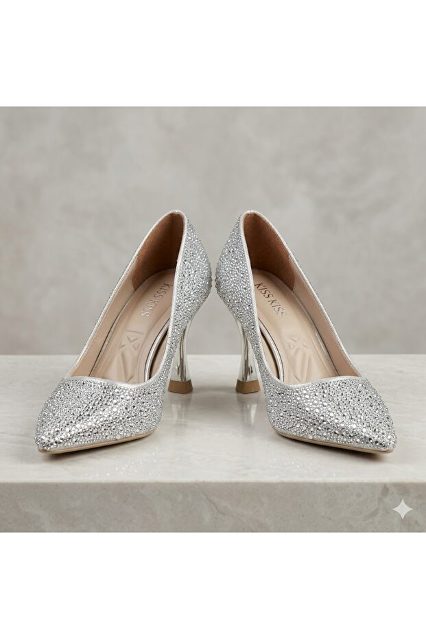 (Öz Maçan) Women's Shoes with Drop Stone Detail Heels Silver