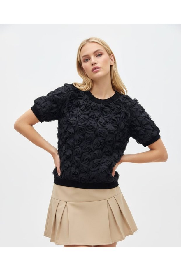 Women's Crew Neck Organza Floral Knitwear Blouse