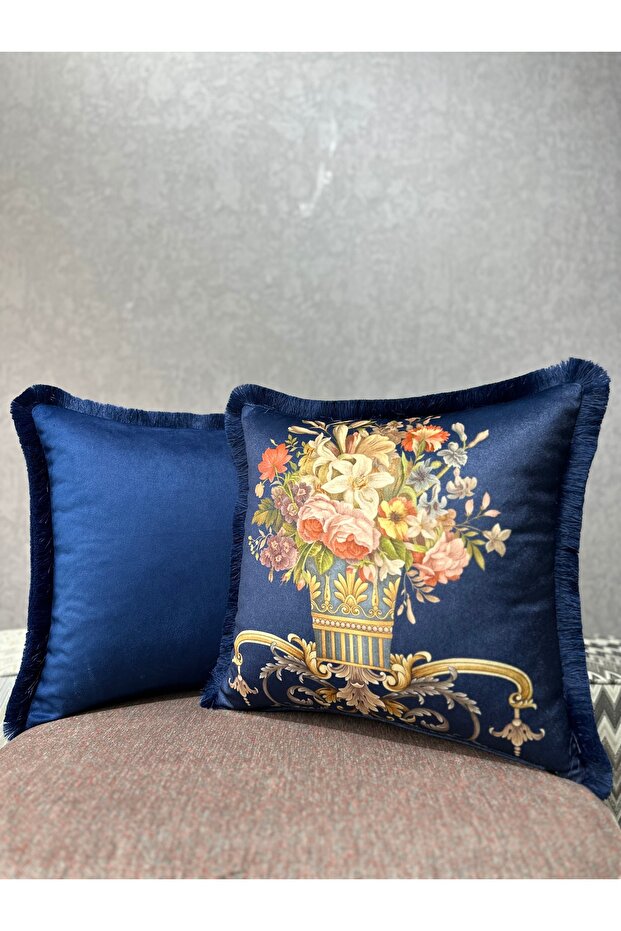 Classic-9264 Dark Blue Damask Pattern Double Combination 43X43 Cushion Cover