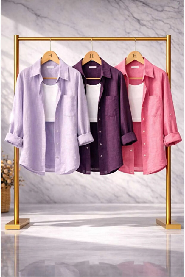 Women's 3-Pack Lilac Purple Pink Cotton Pcs Oversized Cotton Pcs Linen Single Pocketed Casual Shirts