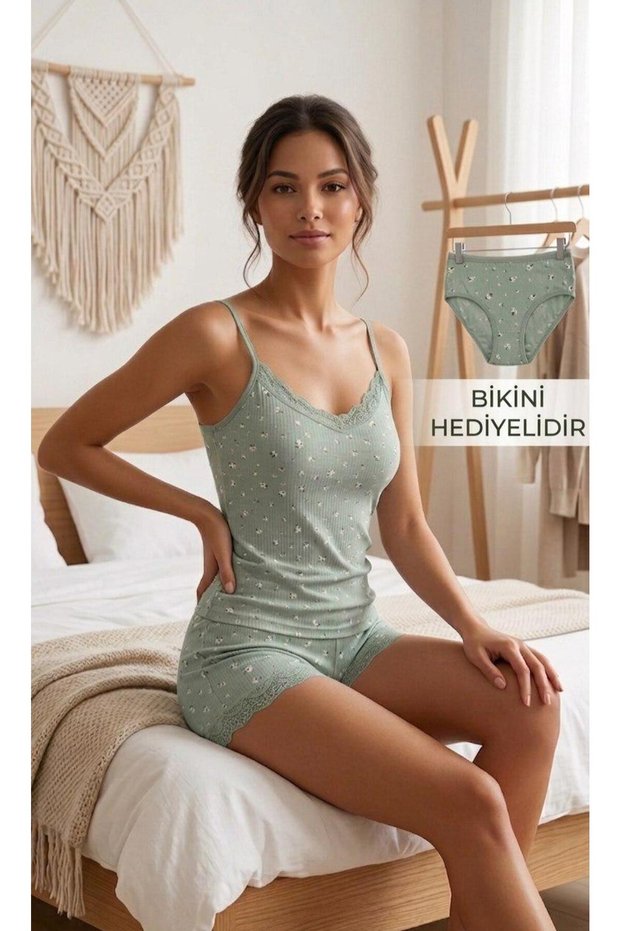 Women's Floral Cotton Rope Strap Lace Athlete-Shorts Set - 3-Piece Combination (Bikini Gift Included)