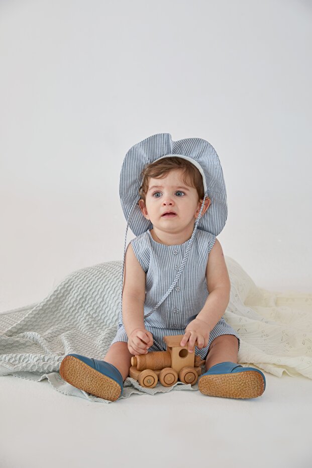 Navy Blue Striped Buttoned Hat Cotton Men's Overalls