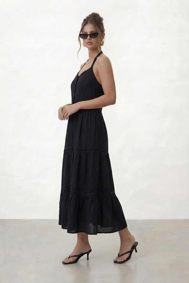 Halter Neck Buttoned Layered Midi Dress