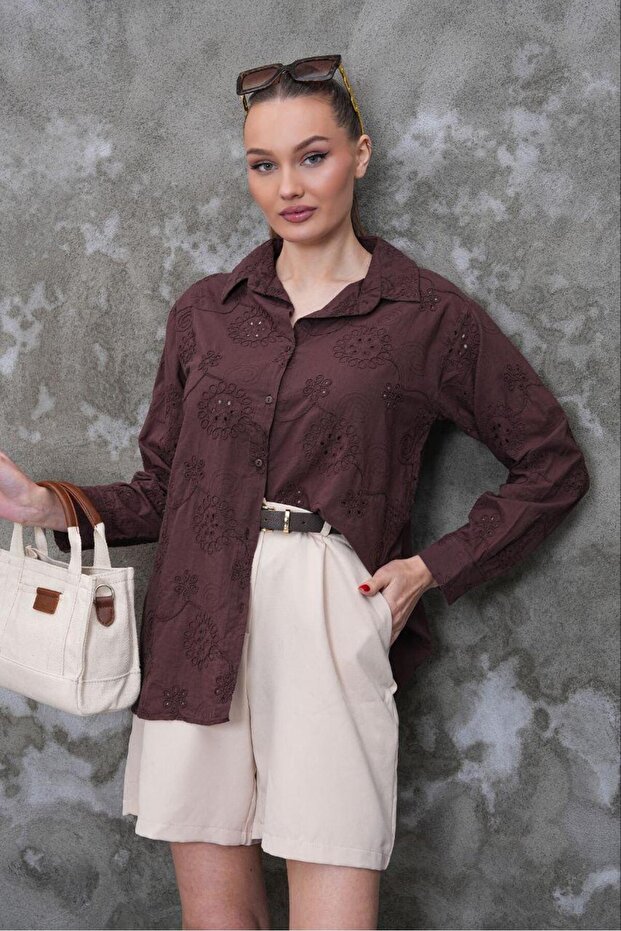 Women's Brown Scallop Embroidered Shirt Pc2173