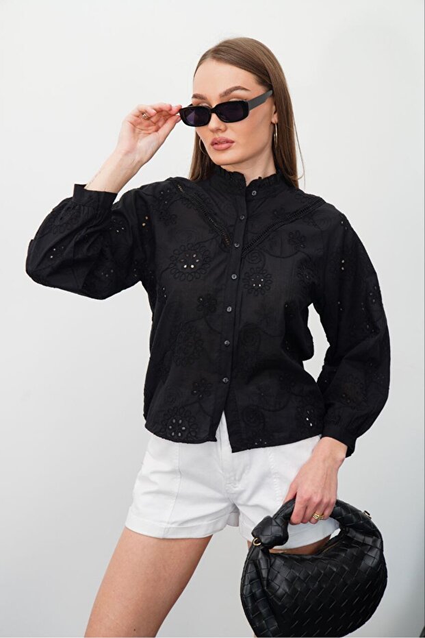 Women's Black Mandarin Collar Ruffled Scallop Shirt Pc6118