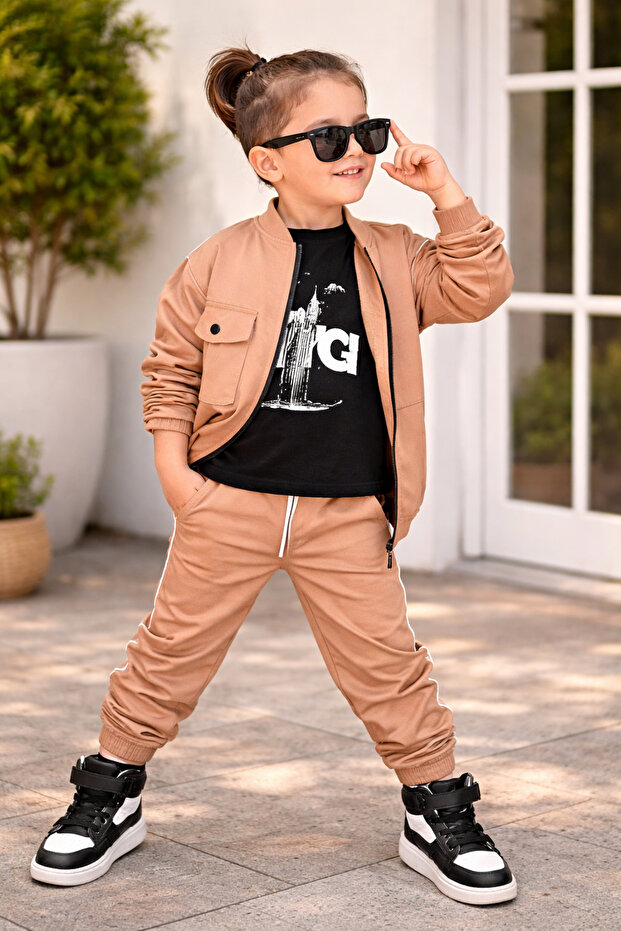 Boys' Stylish Parachute Fabric Seasonal Jacket Jogger Pants T-Shirt 3-Piece Casual Stylish Top and Bottom Set