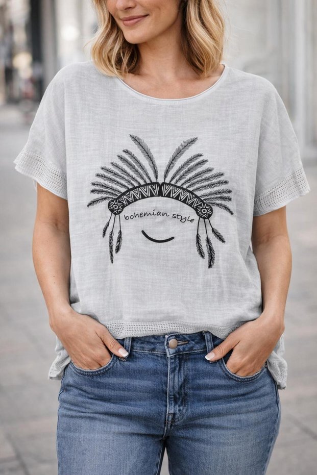 Women's 100% Linen Fabric Patterned Oversize Short Sleeve Blouse with Mesh Detail on Sleeves and Hem