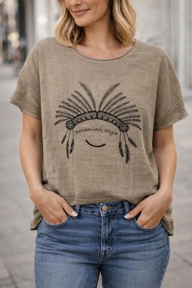 Women's 100% Linen Fabric Patterned Oversize Short Sleeve Blouse with Mesh Detail on Sleeves and Hem