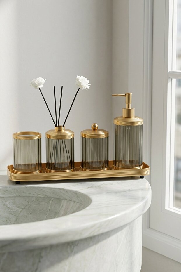 Spiffy Liquid Soap Dispenser with Tray, Scented Stick Room Freshener & Cotton Swab Holder Set