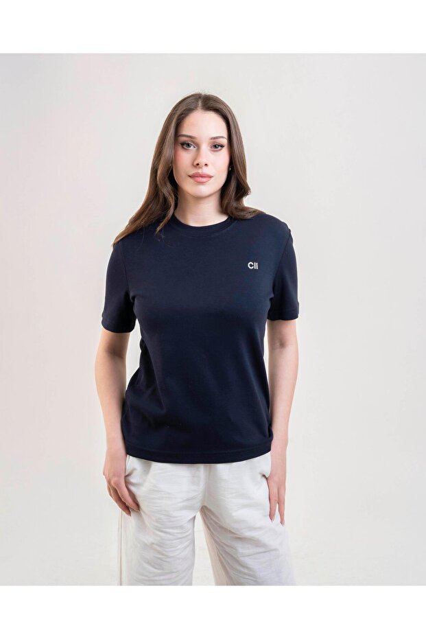 Nakışlı Basic Tshirt- Lacivert Ekru Nakış