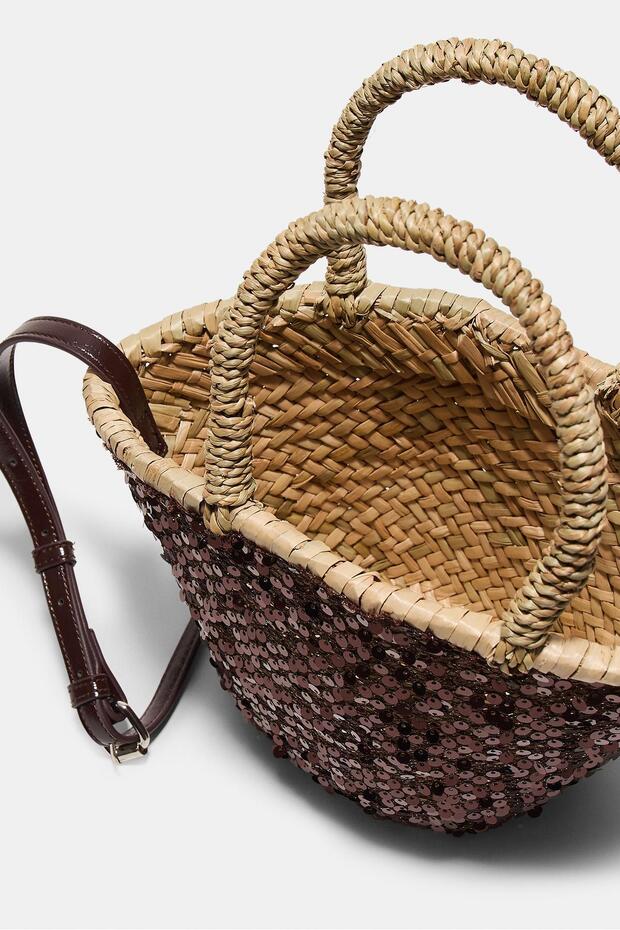 Pullu mini hasır çanta - 5