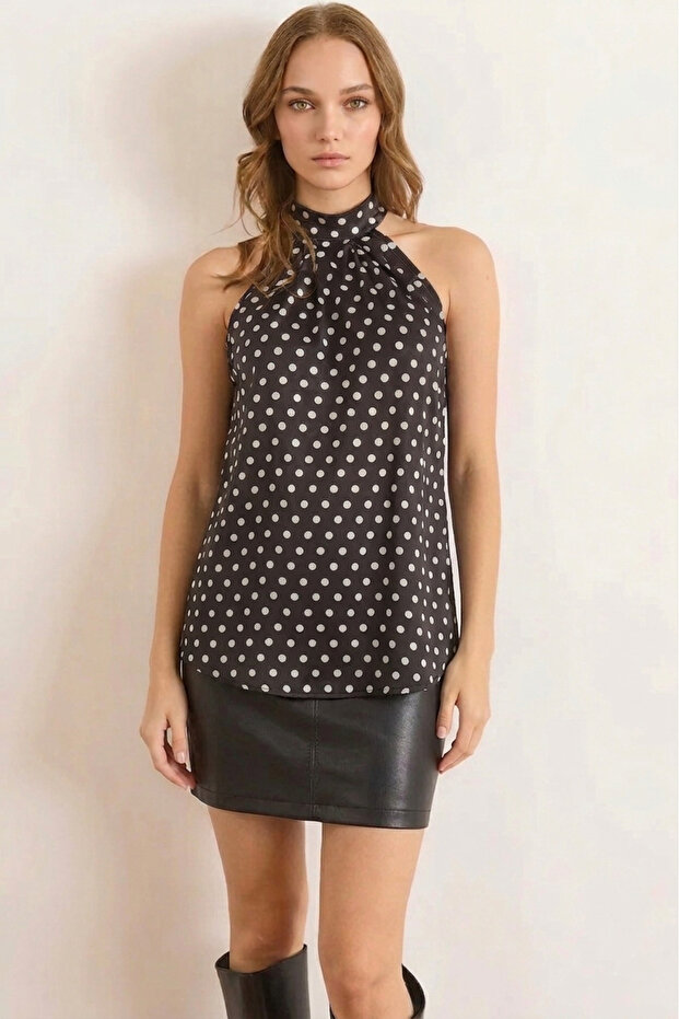 Women's Black Polka Dot Halter High Neck Buttoned Sleeveless Pleated Crepe Fabric Blouse