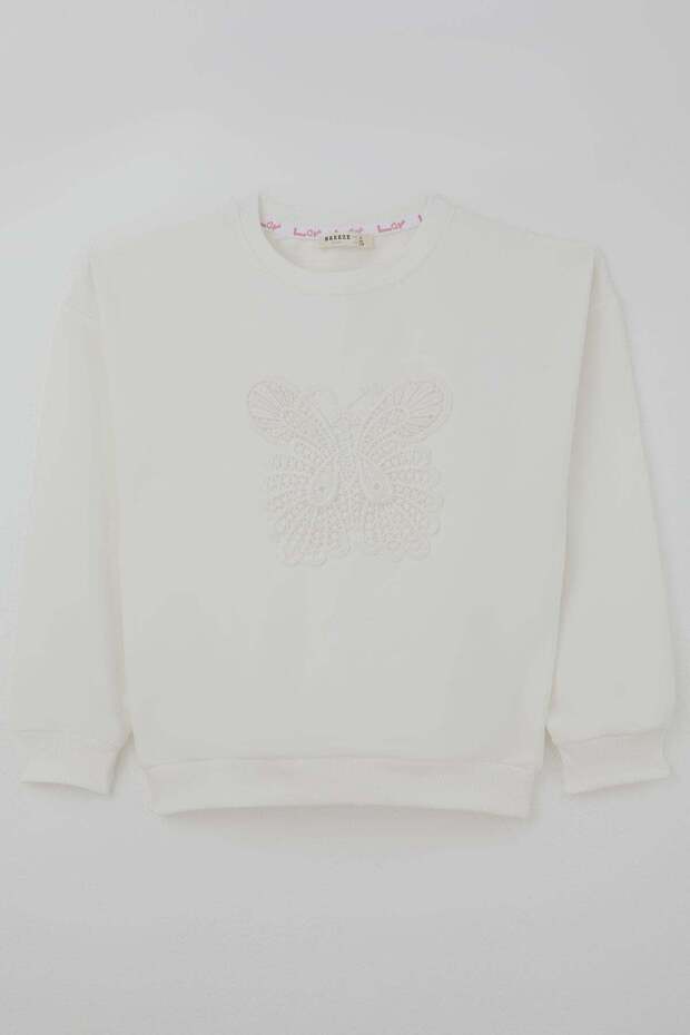 Girl's Sweatshirt with Butterfly Appliqué and Embroidery, Ages 8-12, Ecru