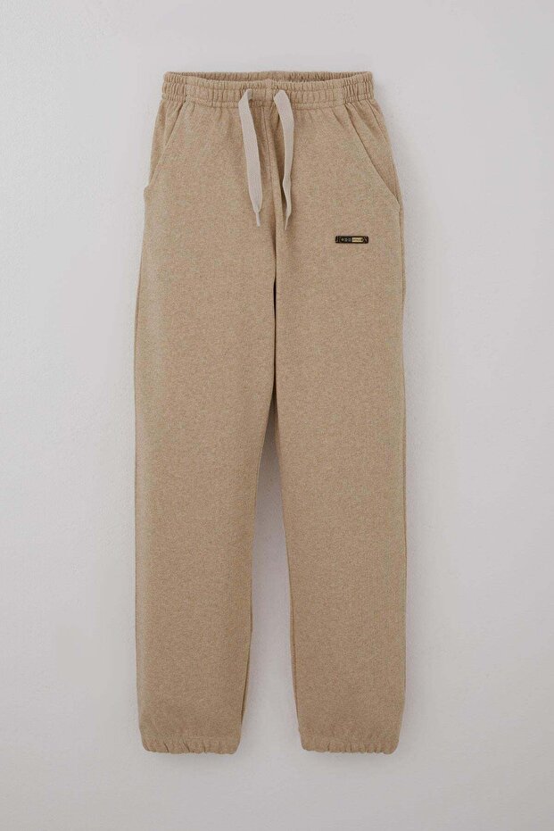Boy's Sweatpants with Emblem Detail and Lacing Accessories, Ages 5-9, Beige Melange
