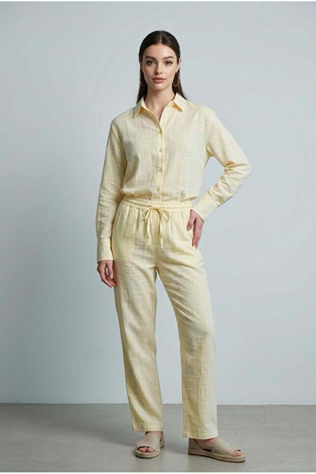Yellow Long Sleeve 100% Cotton Muslim Shirt Suit Sh365