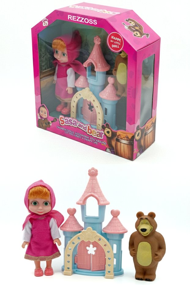 Sasa and Bear Toy Playset, Castle Dollhouse Masha Style Girl Doll Pink Scarf & Brown Bear LED Lights