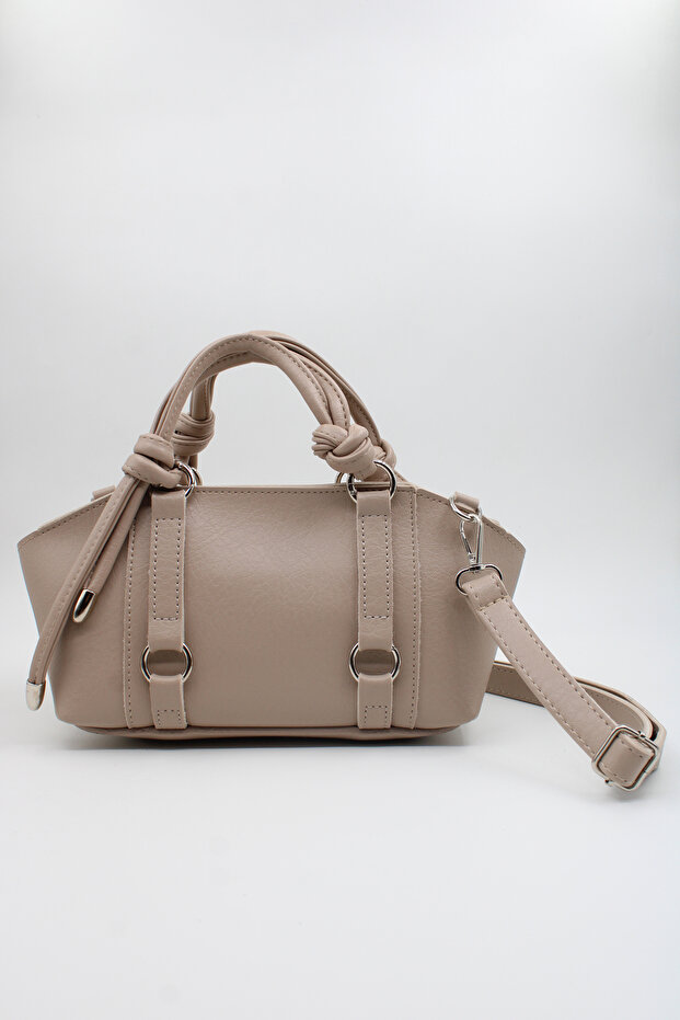 Women's Beige Knot Handle Bag with Ring Detail, Internal Pocket and Zipper Closure for Hand, Arm and Shoulder Use