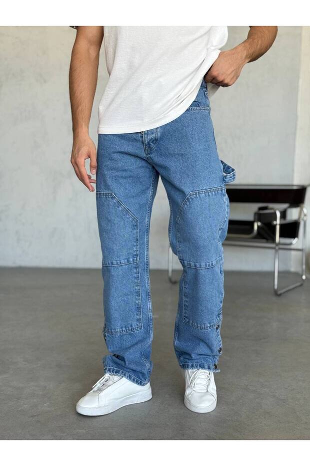 Men's Blue Baggy Design Detailed Denim Trousers with Snap Buttons on the Legs
