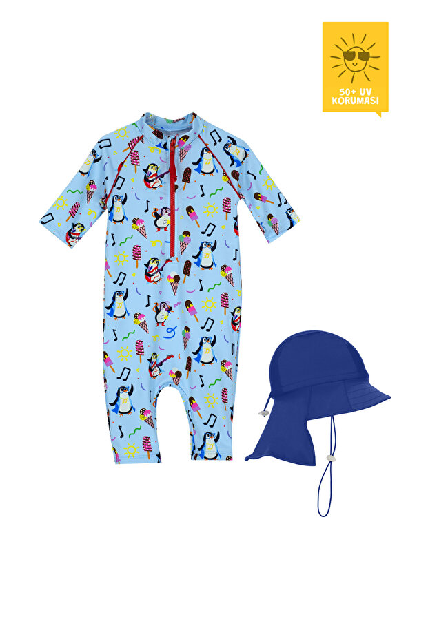Uv Protection Upf 50+ Baby Swim Set with Hat - Long Sleeve Jumpsuit & Navy Blue Hat - Tappy Collection
