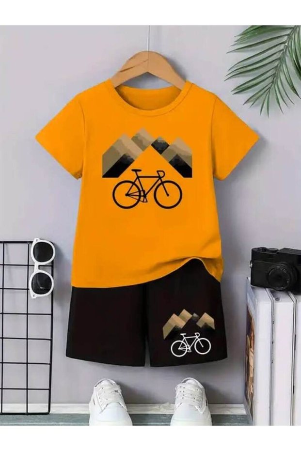Bicycle Printed Children's Orange Black Summer Shorts Top and Bottom Set Cotton