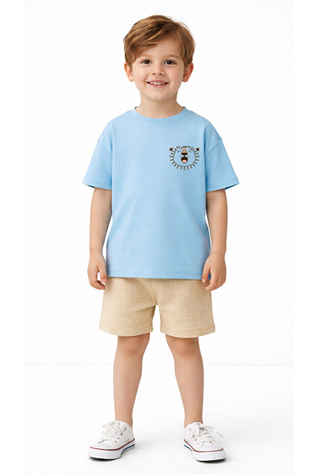 Boy's Muslin Shorts T-Shirt Set Lion Printed Cotton