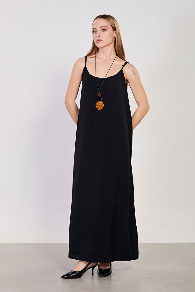 Women's long dress with rope strap - black