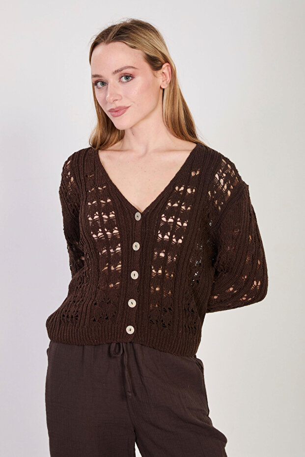 Women's spanish sleeve openwork cardigan - bitter brown